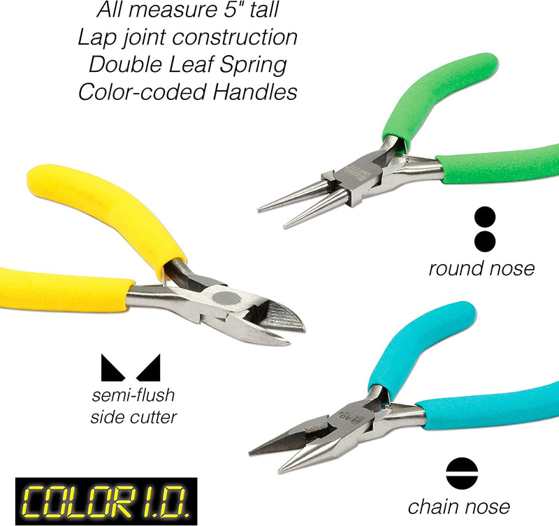 Set of 3 basic jewelry making pliers, useful color coding