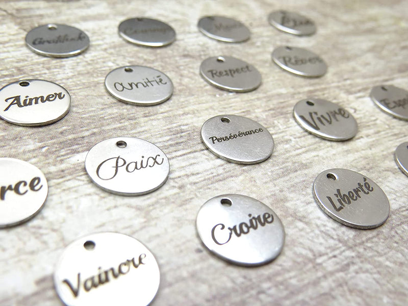 18 pcs Collection of 12mm Round Stainless Steel Charms, engraved with 18 different words in French