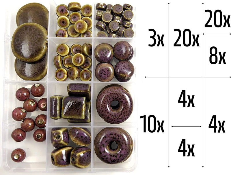 73pcs beads of Antique Ceramic Glaze Porcelain with storage box, 8 styles Size from 6 to 30mm, Purple Collection