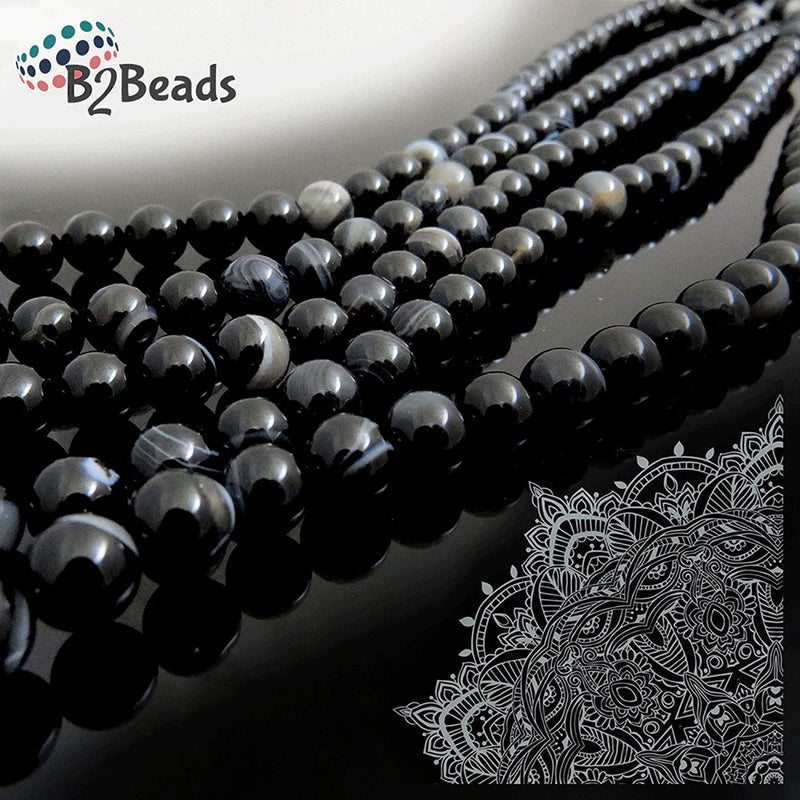 Black Lace Agate Semi-precious stones 6mm round, 60 beads/15" rope (Black Lace Agate 6mm 2 ropes-120 beads)