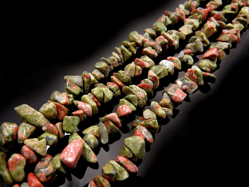 Unakite Chips semi-precious stone, 2 strings 32" each, beads irregular size 4 to 7mm