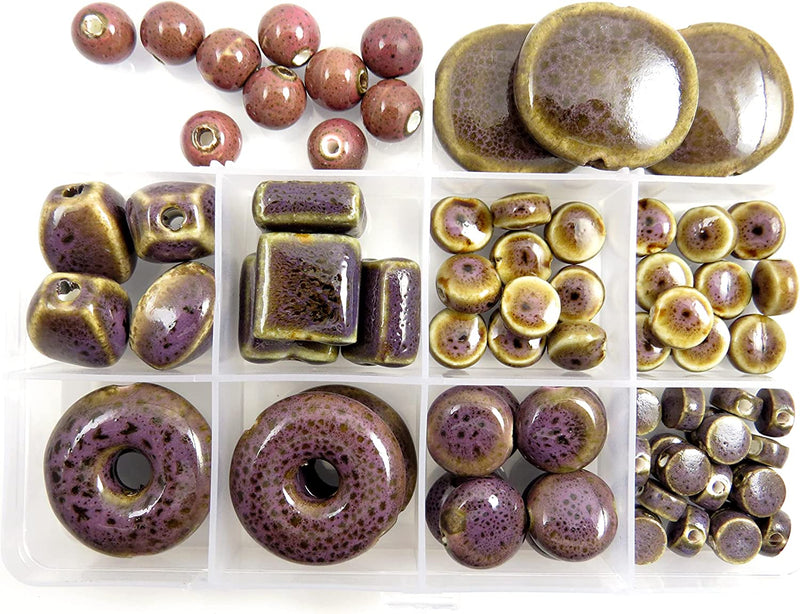 73pcs beads of Antique Ceramic Glaze Porcelain with storage box, 8 styles Size from 6 to 30mm, Purple Collection