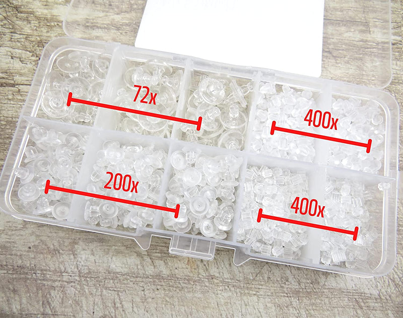 1072 pcs Box Collection earring stoppers and butterflies, plastic or rubber transparent, 4 Styles