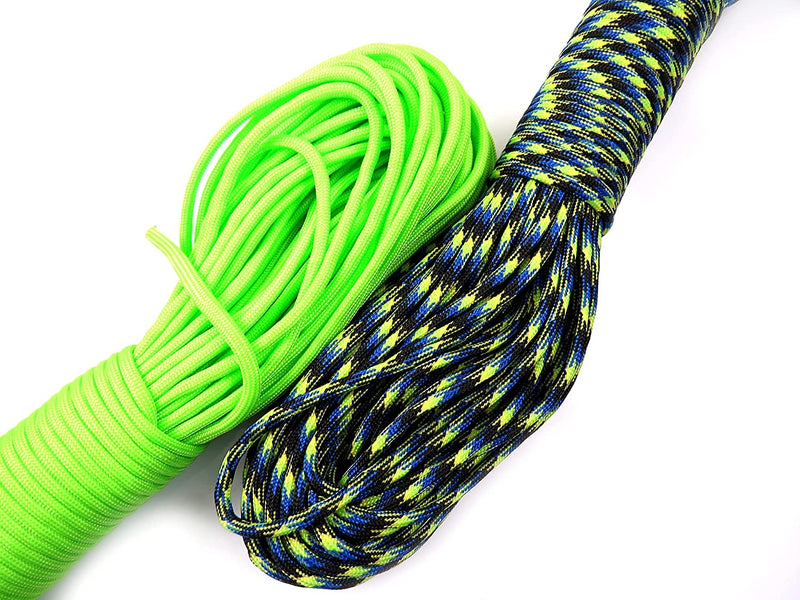 60m Paracord 330lb 7 internal strands, 10 clasps 15mm included, ideal for survival bracelets, 2 colors Neon Lime and Blue-Green