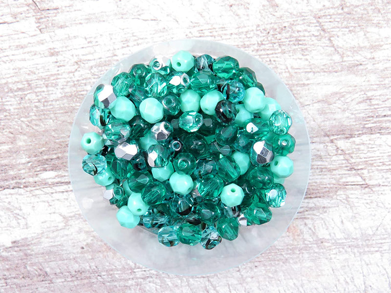 400pcs Czech Fire Polish 6mm beads Crystal faceted, Mix of 4 colors shades of Teal