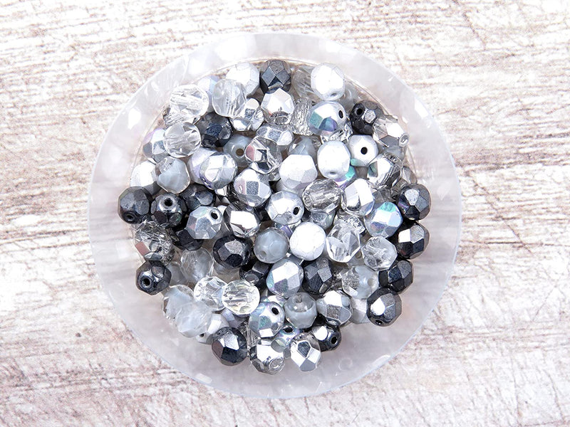 400pcs Czech Fire Polish 6mm beads Crystal faceted, Mix of 4 colors shades of Gray