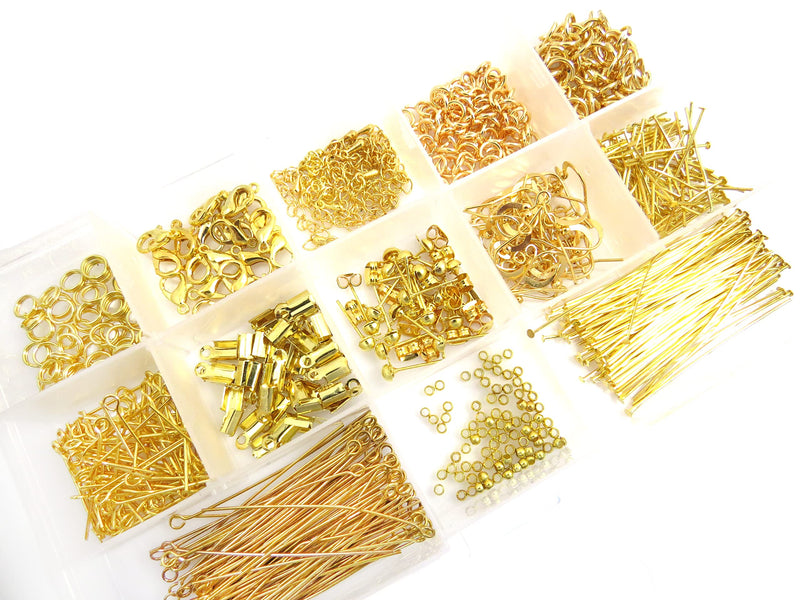 Box Collection of gold plated components, 805 pieces in 13 different styles, all the necessary for jewelry making