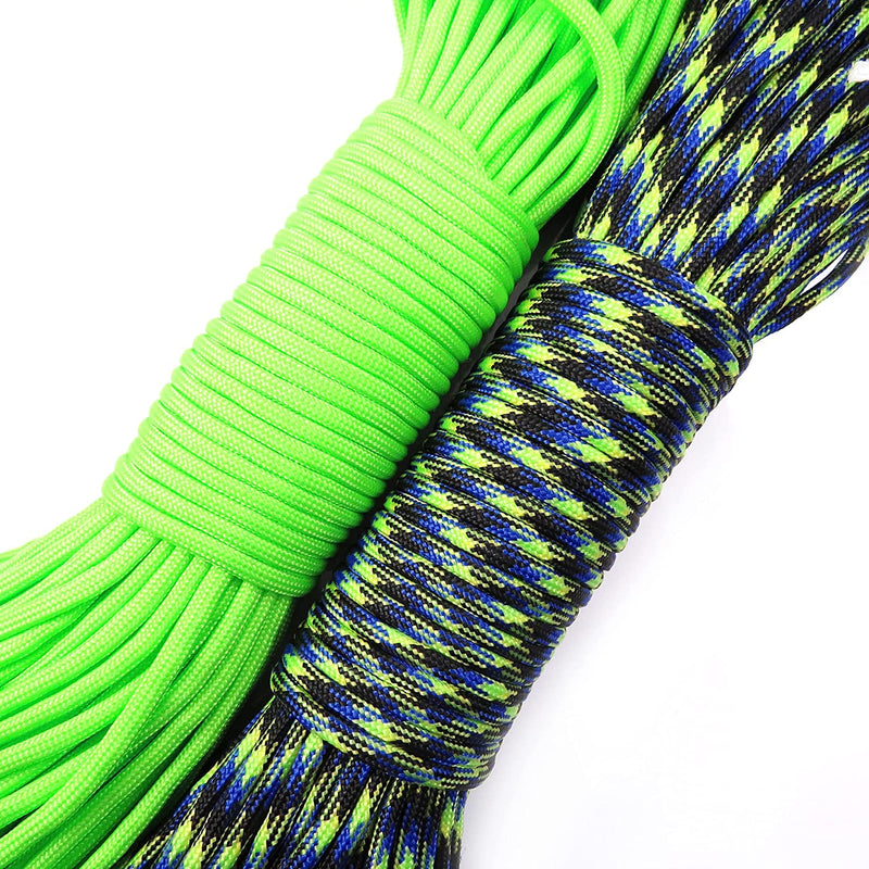 60m Paracord 330lb 7 internal strands, 10 clasps 15mm included, ideal for survival bracelets, 2 colors Neon Lime and Blue-Green