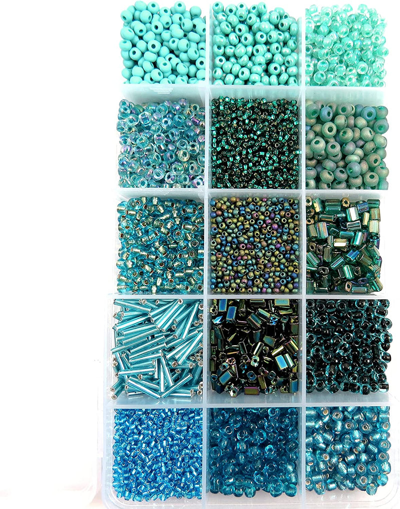 Turquoise Rocaille Beads Collection Box Size #4 to 10, 15 Assorted Colors