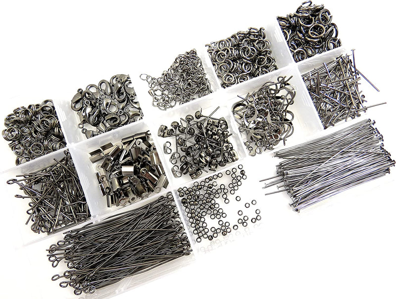 Box Collection of components, black nickel plated, 805 pieces in 13 different styles, all the necessary for jewelry making