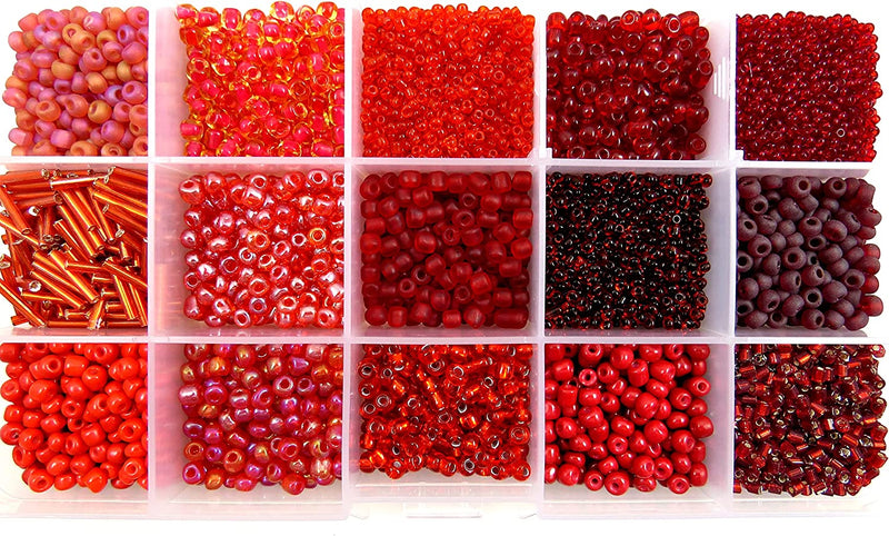 Red Collection Boxed Rockwork Beads, Size #4 to 10, 15 Assorted Colors