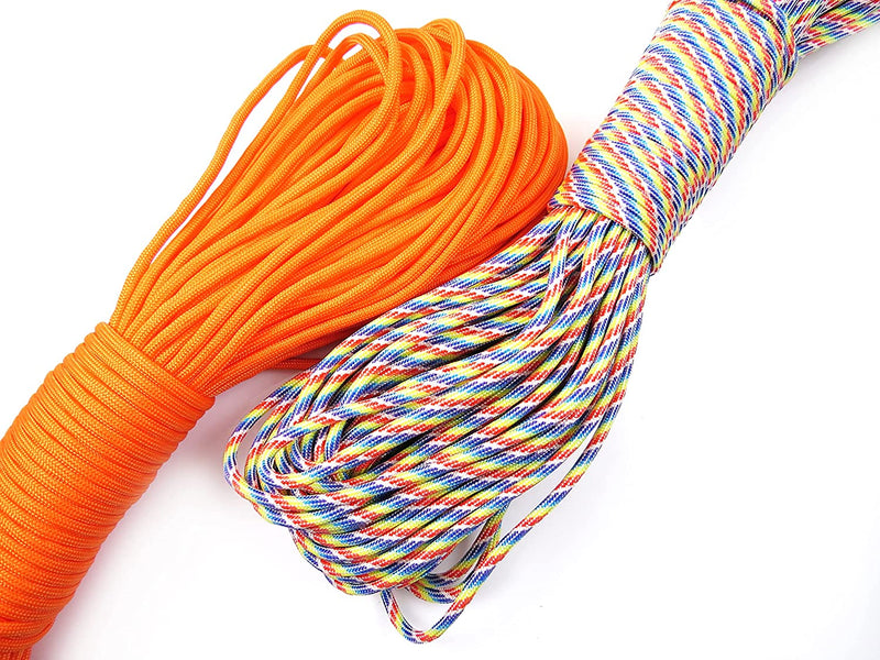 60m Paracord 330lb 7 internal strands, 10 clasps 15mm included, perfect for survival bracelets, 2 colors Neon Orange and Multi-White